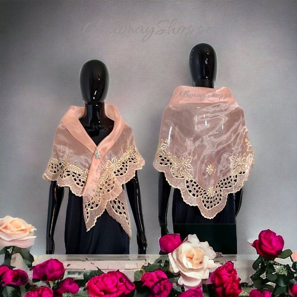 Handmade Filipino Alampay Shawl – Organza Cutwork Embroidery w/ Brooch-Peach